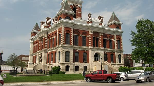 The southern front of the Gibson County Courthouse on Courthouse Square in Princeton, Indiana