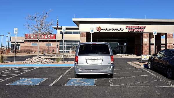 The emergency services entrance at Parkview Pueblo West Hospital on East Industrial Boulevard in Colorado