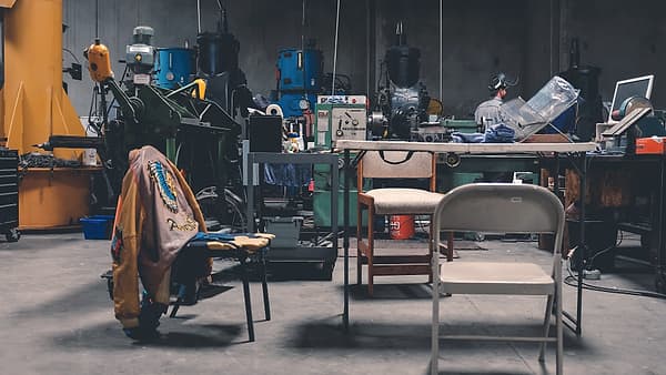 A man at work in a cluttered workshop in Las Vegas, United States, surrounded by tools and materials