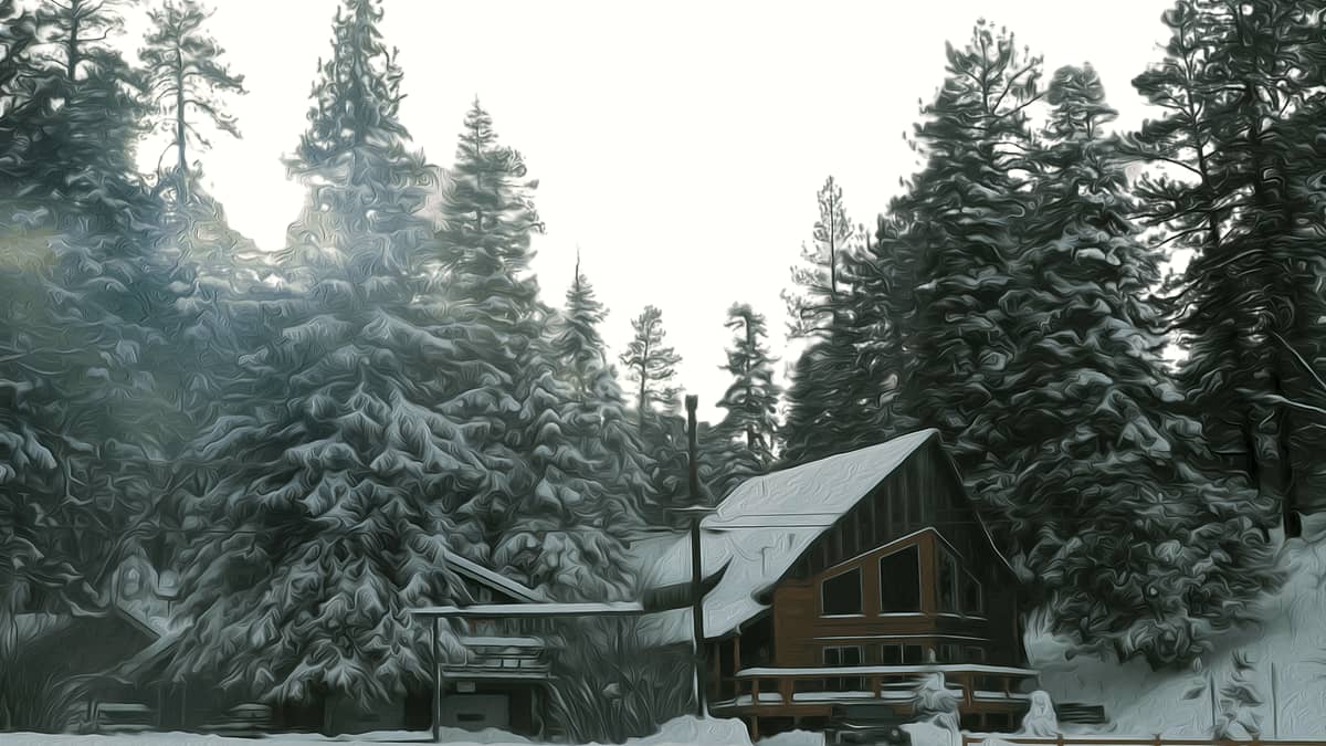 A wooden cabin among pines in winter at Big Bear Lake, California, with snow lying across the ground