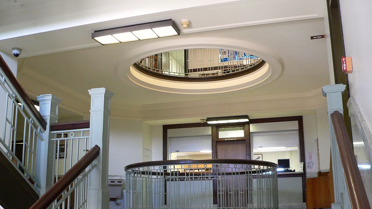 The east stairs of the Scotts Bluff County Courthouse in Gering, Nebraska, seen from the first landing