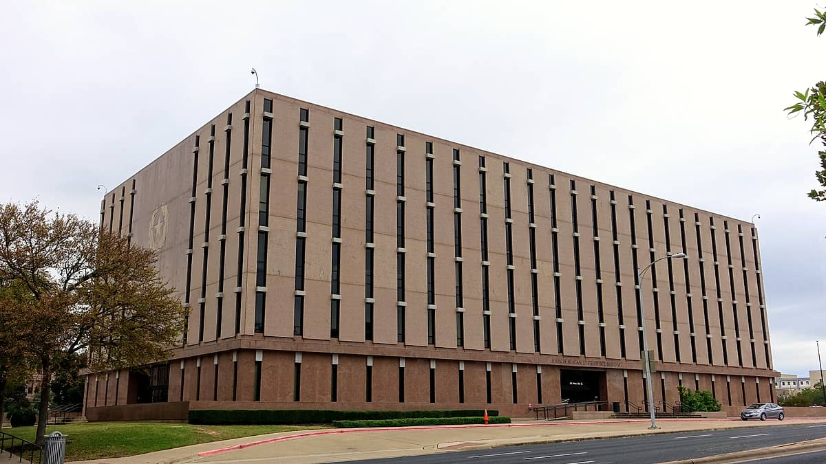 The John H. Reagan State Office Building in Austin, Texas, seen across the street from the front