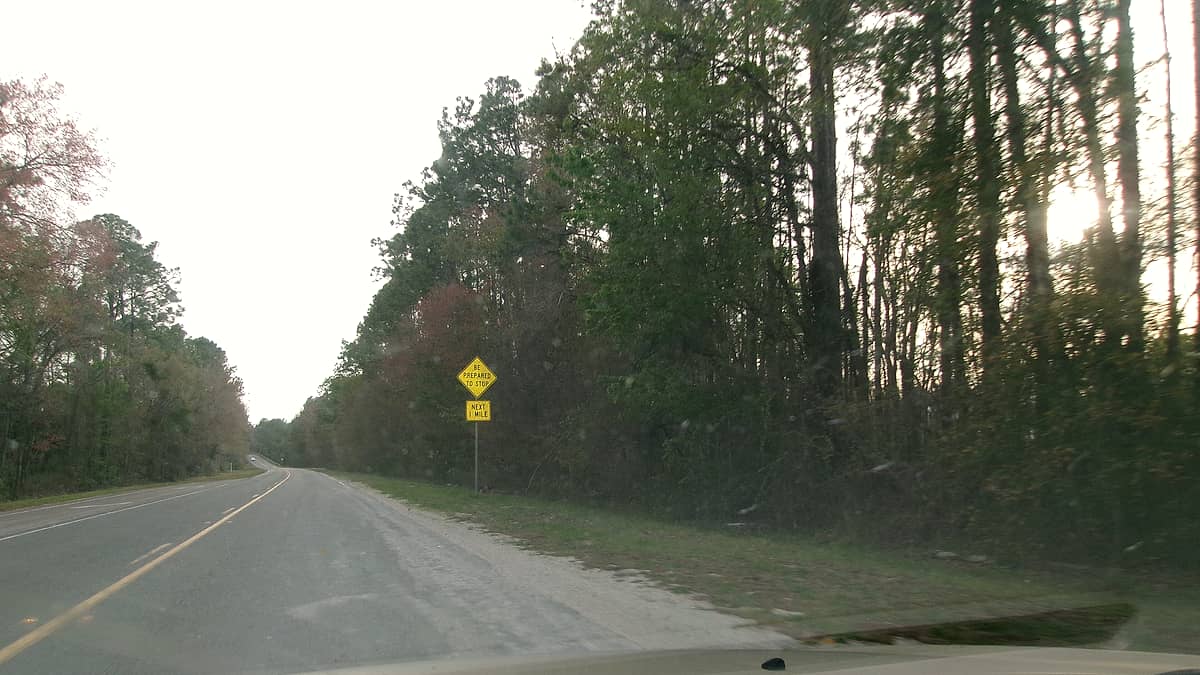 Southbound U.S. Route 301 in Baldwin, Florida, approaching a sign warning drivers to be prepared to stop